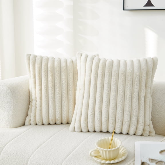 Sunday Praise Set of 2 Faux Fur Striped Decorative Pillow Covers 18x18 Inch Farmhouse Accent Boho Throw Pillow Cases Soft Fluffy Cushion Cases for Couch Sofa Bed,Cream White