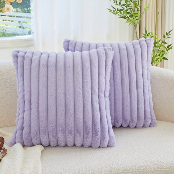 Sunday Praise Set of 2 Faux Fur Striped Decorative Pillow Covers 18x18 Inch Farmhouse Accent Boho Throw Pillow Cases Soft Fluffy Cushion Cases for Couch Sofa Bed,Purple