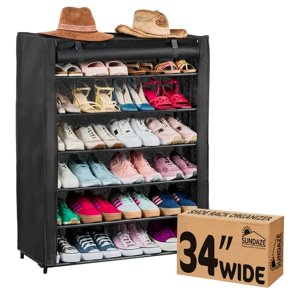 Sundaze Shoe Rack with Cover - 6 Tier Shoe Rack for Front Door Entrance, Sturdy Tall Shoe Organizer for Bedroom, Closet, Garage, Non Woven Fabric Shelf, Black, Holds Up to 30 Pairs