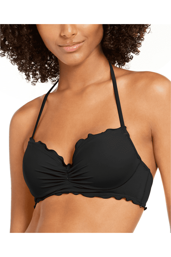 BLACK Solid Nixie Ruffle Edge Halter Bikini Swim Top, US 32C, UK 32C