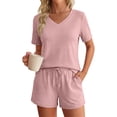 thumbnail image 1 of Sundazz Lounge Sets for Women Summer 2 Piece Outfits V Neck Shirts and Shorts Sets Casual Matching Sets, 1 of 7