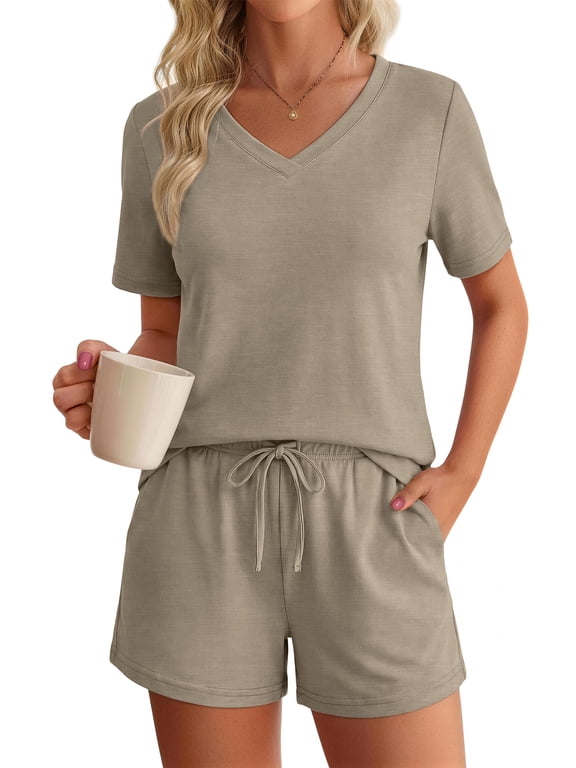 Lounge Sets for Women Summer 2 Piece Outfits V Neck Shirts and Shorts Sets Casual Matching Sets