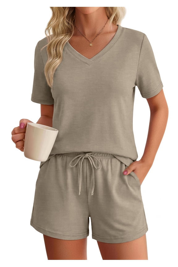 Lounge Sets for Women Summer 2 Piece Outfits V Neck Shirts and Shorts Sets Casual Matching Sets