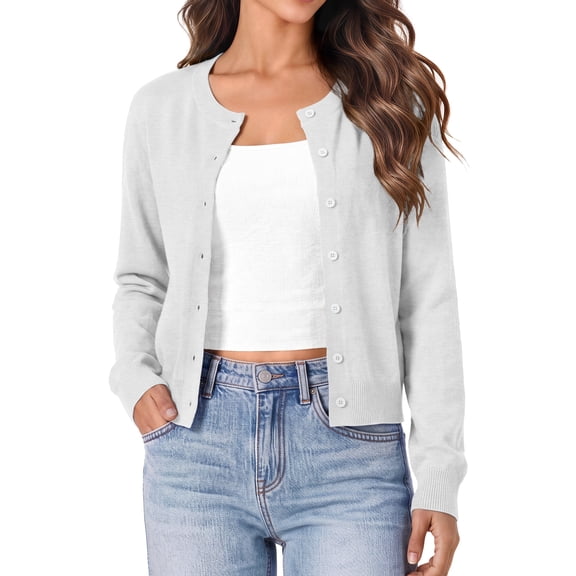 Sundazz Cropped Cardigan Sweaters for Women Lightweight Long Sleeve Cardigan Crewneck Button Up Sweaters