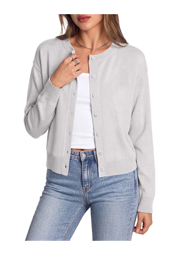 Cropped Cardigan Sweaters for Women Lightweight Long Sleeve Cardigan Crewneck Button Up Sweaters