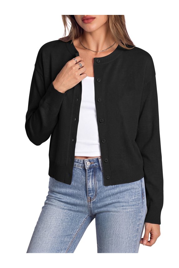 Cropped Cardigan Sweaters for Women Lightweight Long Sleeve Cardigan Crewneck Button Up Sweaters