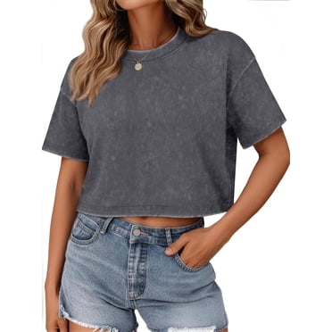 Sundazz Cropped T shirts for Women Oversized Vintage Cotton Tee Short Sleeve Summer Tops Casual Shirts