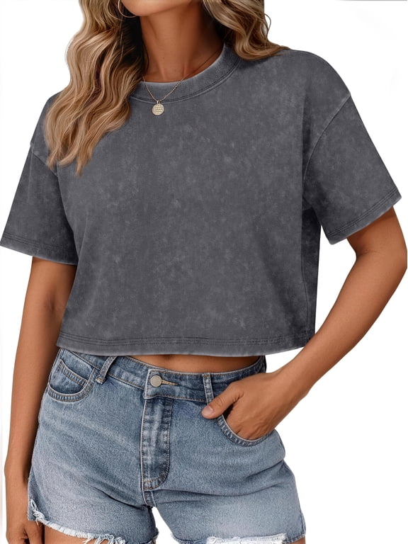Cropped T shirts for Women Oversized Vintage Cotton Tee Short Sleeve Summer Tops Casual Shirts