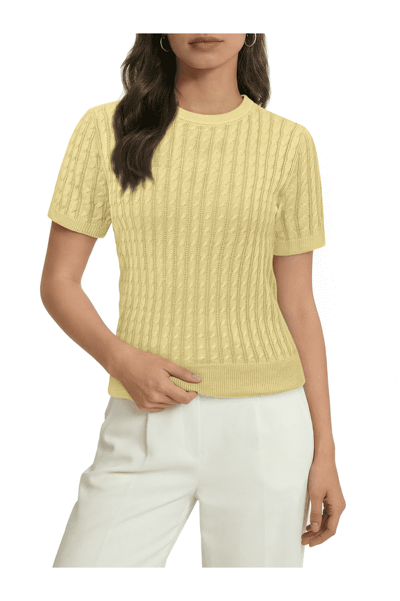 Short Sleeve Sweater for Women Crew Neck Cable Knit Sweater Tops Dressy Cute Blouses,XS-XL