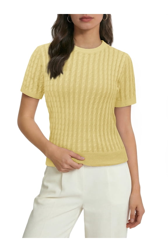 Short Sleeve Sweater for Women Crew Neck Cable Knit Sweater Tops Dressy Cute Blouses,XS-XL