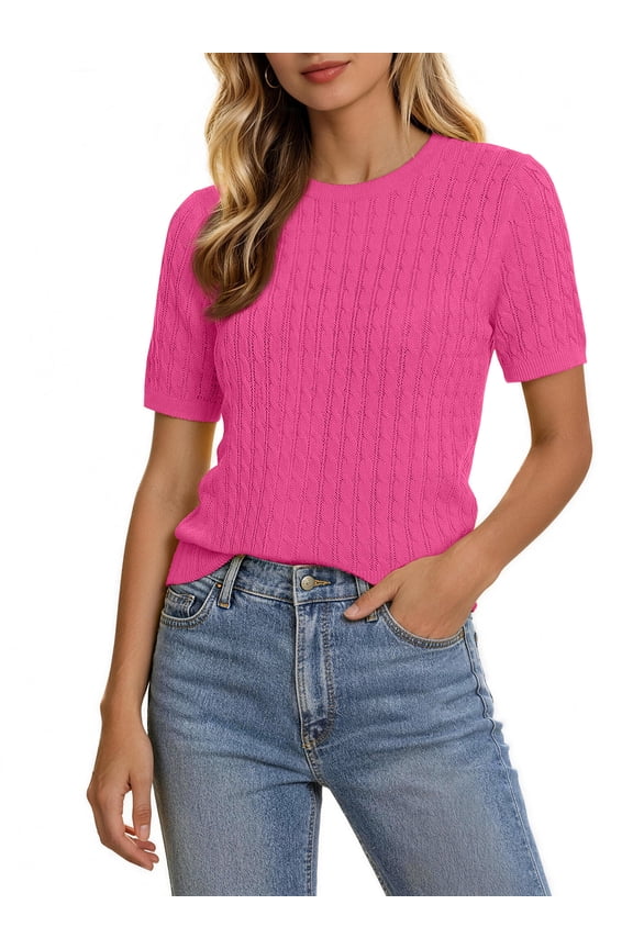 Womens Short Sleeve Tops Lightweight Cable Knit Summer Sweater Dressy Casual Shirts, XS-XL
