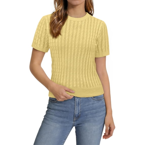 Sundazz Short Sleeve Sweater for Women Crew Neck Cable Knit Sweater Tops Dressy Cute Blouses,XS-XL