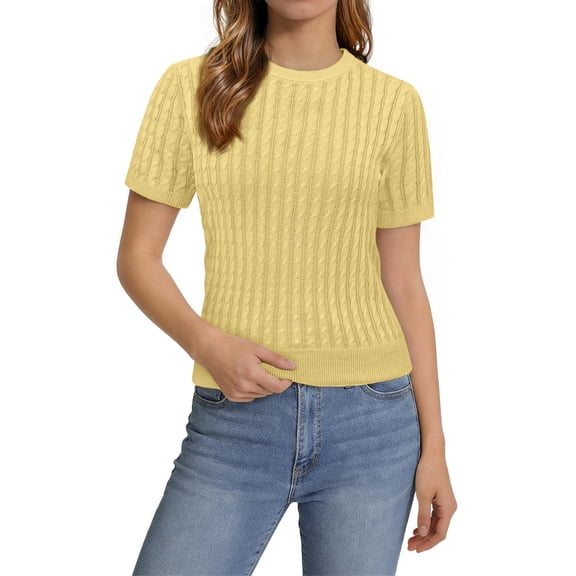 Sundazz Short Sleeve Sweater for Women Crew Neck Cable Knit Sweater Tops Dressy Cute Blouses,XS-XL