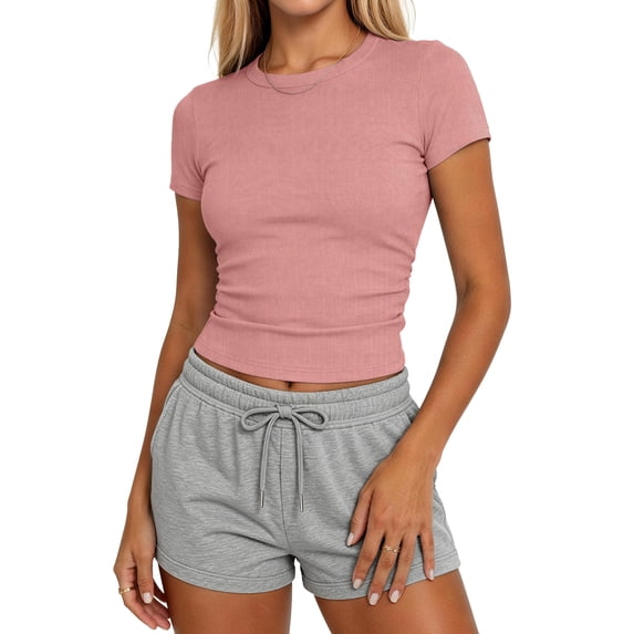 Sundazz Slim Fitted T Shirts for Women Short Sleeve Ruched Crop Tops Summer Basic Tees, XS-XL