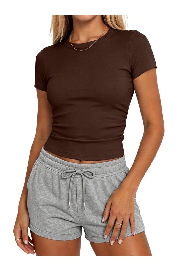 Slim Fitted T Shirts for Women Short Sleeve Ruched Crop Tops Summer Basic Tees, XS-XL