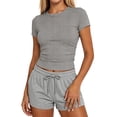thumbnail image 1 of Sundazz Slim Fitted T Shirts for Women Short Sleeve Ruched Crop Tops Summer Basic Tees, XS-XL, 1 of 9