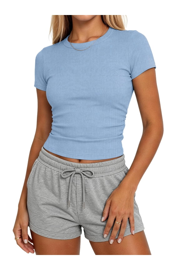 Slim Fitted T Shirts for Women Short Sleeve Ruched Crop Tops Summer Basic Tees, XS-XL