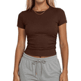 thumbnail image 1 of Sundazz Slim Fitted T Shirts for Women Short Sleeve Ruched Crop Tops Summer Basic Tees, XS-XL, 1 of 8