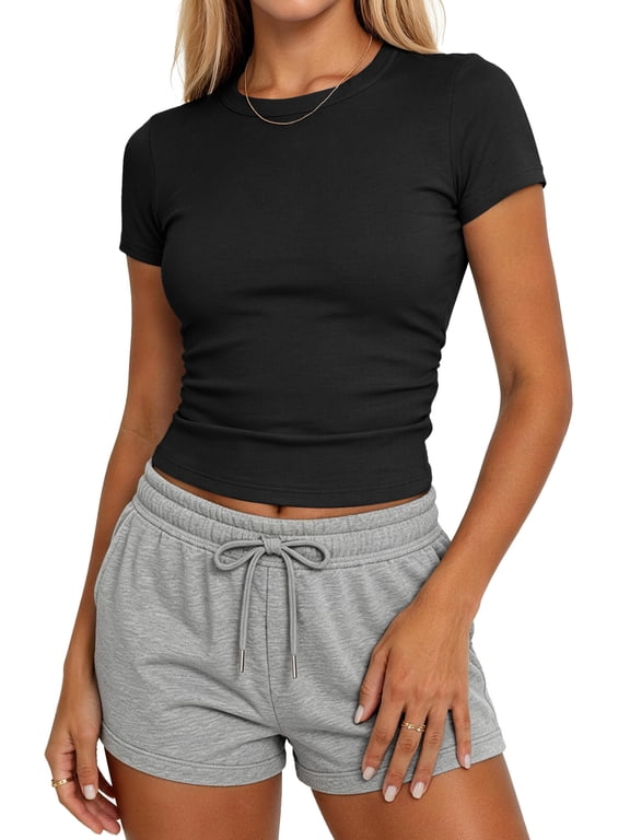Slim Fitted T Shirts for Women Short Sleeve Ruched Crop Tops Summer Basic Tees, XS-XL