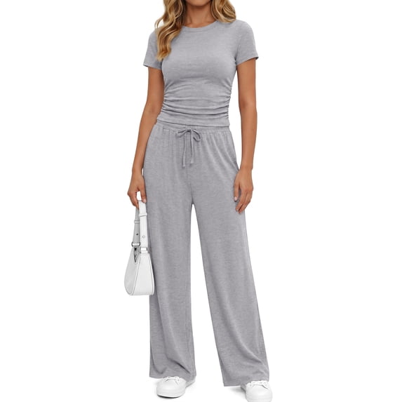 Sundazz 2 Piece Sets for Women Summer Lounge Set Ruched Top and Wide Leg Pants Matching Set Fashion Vacation Travel Outfits Clothes,Floral Gray,M