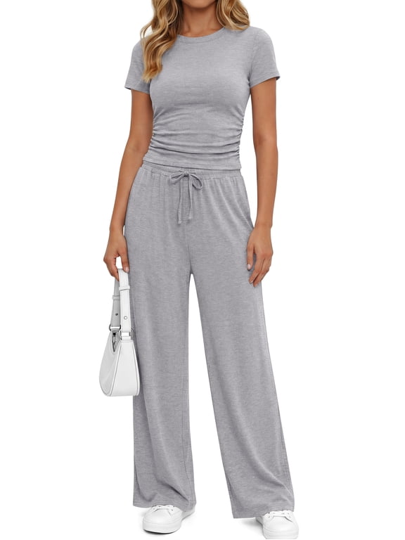 2 Piece Sets for Women Summer Lounge Set Ruched Top and Wide Leg Pants Matching Set Fashion Vacation Travel Outfits Clothes,Floral Gray,M
