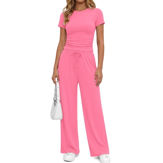Sundazz 2 Piece Sets for Women Summer Lounge Set Ruched Top and Wide Leg Pants Matching Set Fashion Vacation Travel Outfits Clothes,Pink,L