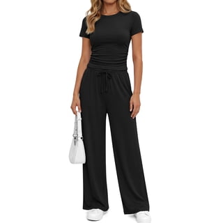 Sundazz 2 Piece Sets for Women Summer Lounge Set Ruched Top and Wide Leg Pants Matching Set Fashion Vacation Travel Outfits Clothes,Black,M