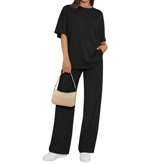 Sundazz Two Piece Sets for Women Summer Matching Lounge Sets Short Sleeve Tops and Wide Leg Pants Travel Vacation Outfits