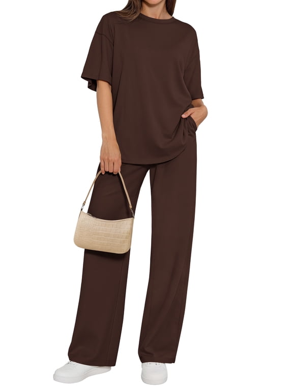 Two Piece Sets for Women Summer Matching Lounge Sets Short Sleeve Tops and Wide Leg Pants Travel Vacation Outfits
