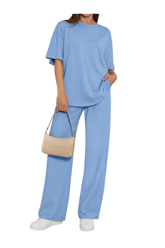 Two Piece Sets for Women Summer Matching Lounge Sets Short Sleeve Tops and Wide Leg Pants Travel Vacation Outfits