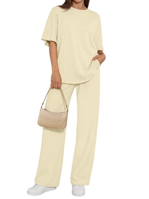 Two Piece Sets for Women Summer Matching Lounge Sets Short Sleeve Tops and Wide Leg Pants Travel Vacation Outfits