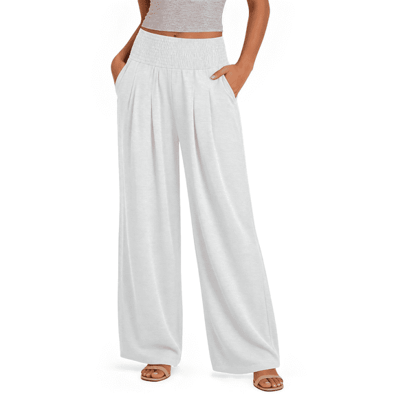 Sundazz Wide Leg Pants for Women Summer Smocked Waisted Palazzo Pants Baggy Flowy Trousers, XS-XL
