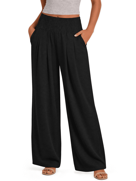 Wide Leg Pants for Women Summer Smocked Waisted Palazzo Pants Baggy Flowy Trousers, XS-XL