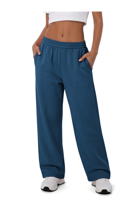 Wide leg Sweatpants Women Baggy Sweat Pants Drawstring Casual Workout Pants with Pockets,Navy Blue,L