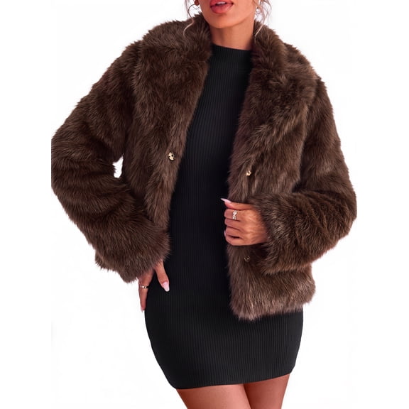 Sundazz Women's Faux Fur Coat Winter Lapel Button Down Fur Jacket Warm Fuzzy Outerwear Fashion Clothing