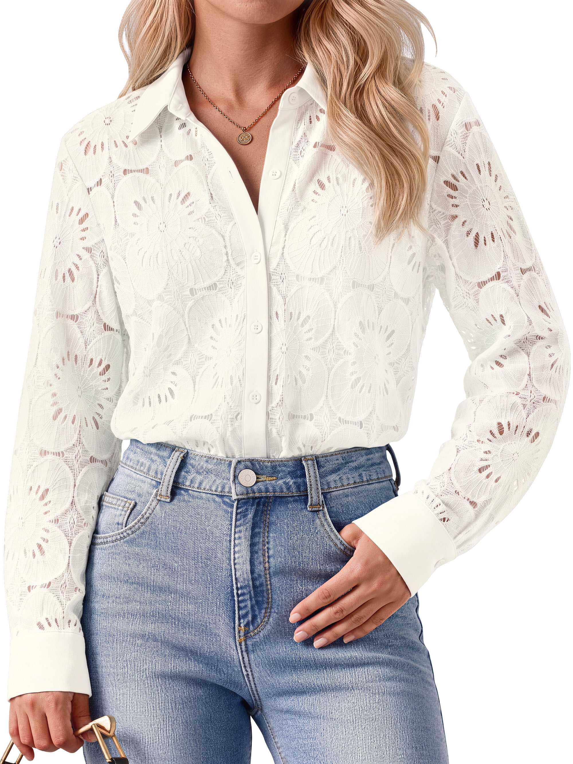 Women's Long Sleeve Lace Tops Eyelet Floral Button Down Shirts Dressy ...