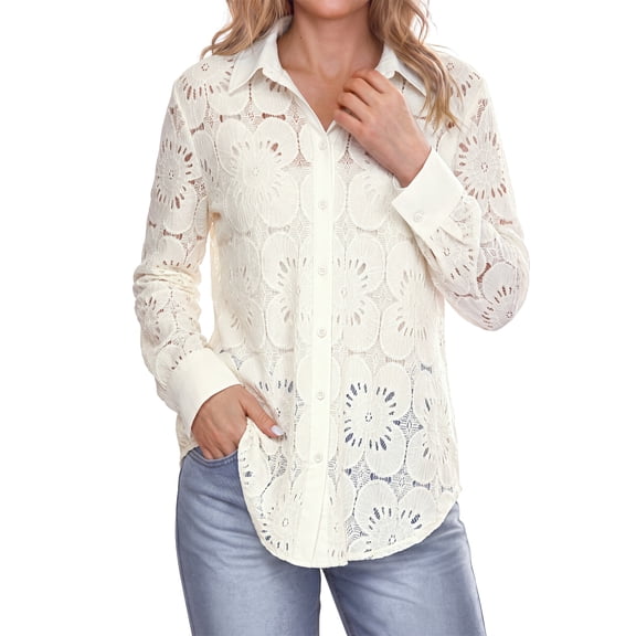 Women's Long Sleeve Lace Tops Eyelet Floral Button Down Shirts Dressy Casual Blouses Fashion Clothes