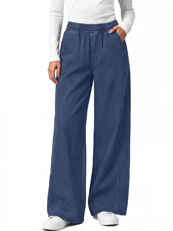 Women's Stretchy Wide Leg Jeans Elastic Waist Knit Denim Pants with Seamed Front