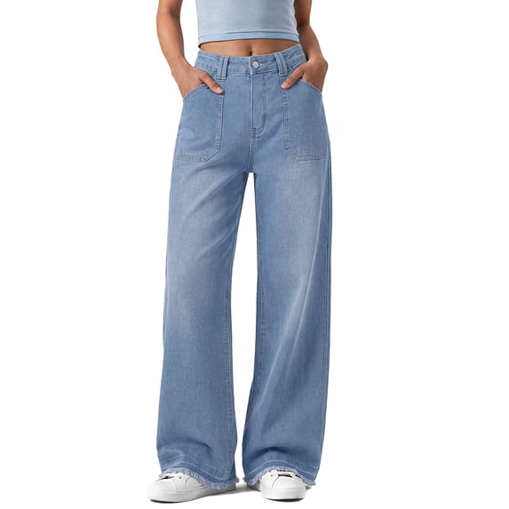 Sundazz Women's Wide Leg Jeans High Waisted Stretchy Cargo Denim Pants with Raw Hem