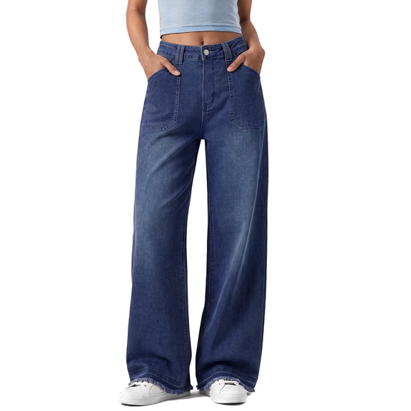 Women High Waist Raw Hem Wide Leg Jeans - Walmart.com