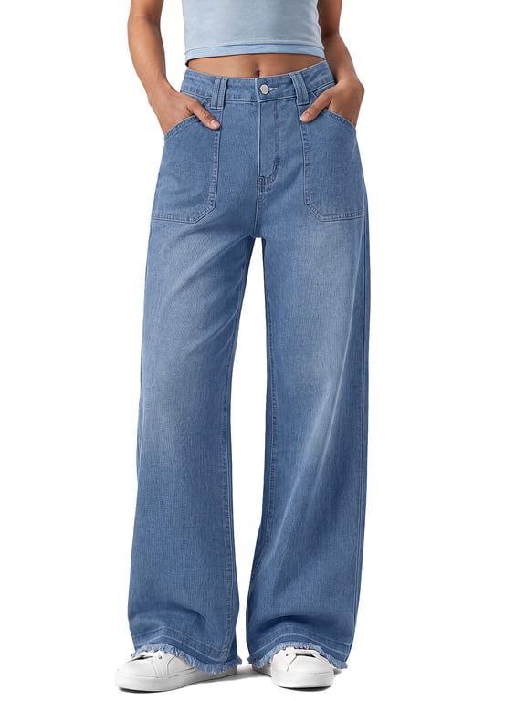 Women's Wide Leg Jeans High Waisted Stretchy Denim Pants with Raw Hem