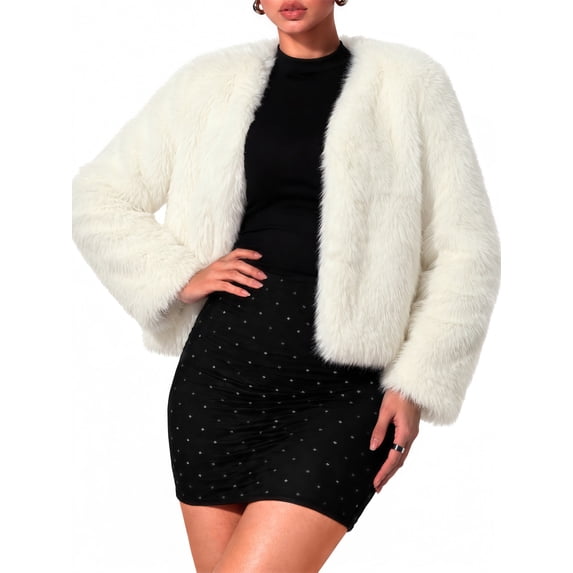 Sundazz Women's Winter Faux Fur Coats Cropped Fuzzy Jacket Warm Open Front Outerwear Fashion Clothing