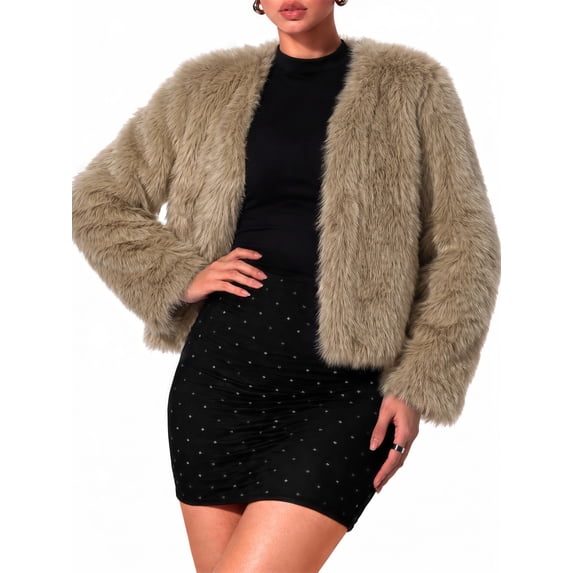 Sundazz Women's Winter Faux Fur Coats Cropped Fuzzy Jacket Warm Open Front Outerwear Fashion Clothing