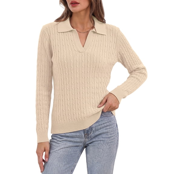 Sundazz Womens Cable Knit Sweaters Long Sleeve V Neck Pullover Fall Winter Sweater Tops Casual Polo Shirts