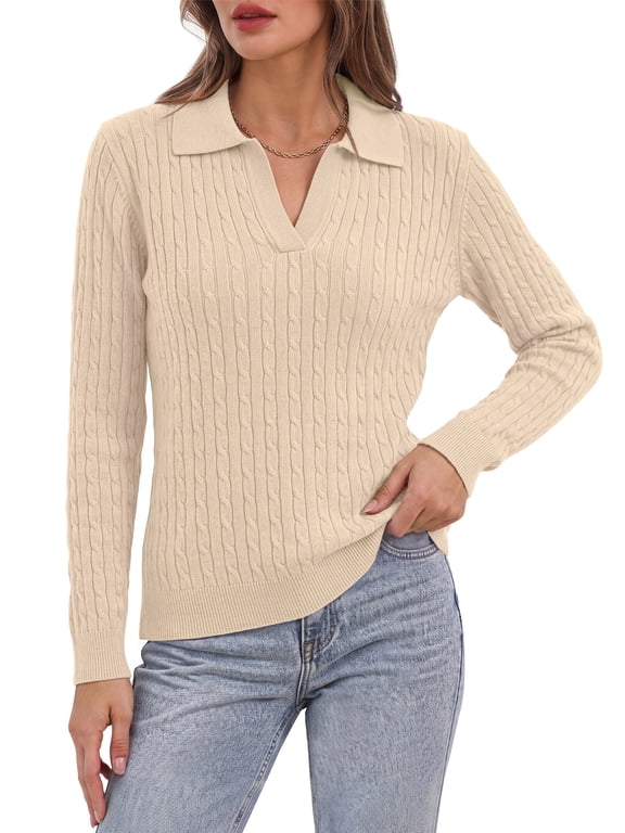 Womens Cable Knit Sweaters Long Sleeve V Neck Pullover Fall Winter Sweater Tops Casual Polo Shirts