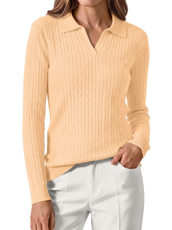 Womens Cable Knit Sweaters Long Sleeve V Neck Pullover Fall Winter Sweater Tops Casual Polo Shirts
