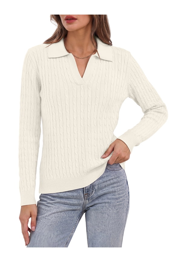 Womens Cable Knit Sweaters Long Sleeve V Neck Pullover Fall Winter Sweater Tops Casual Polo Shirts