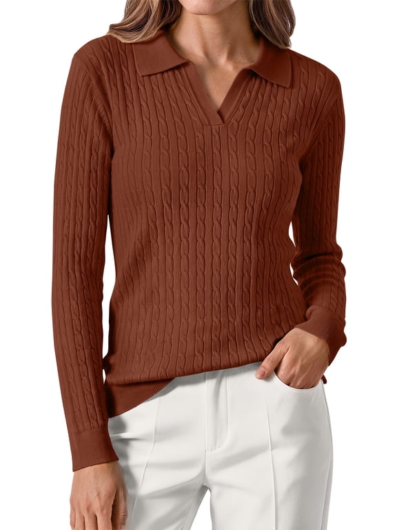 Womens Cable Knit Sweaters Long Sleeve V Neck Pullover Fall Winter Sweater Tops Casual Polo Shirts