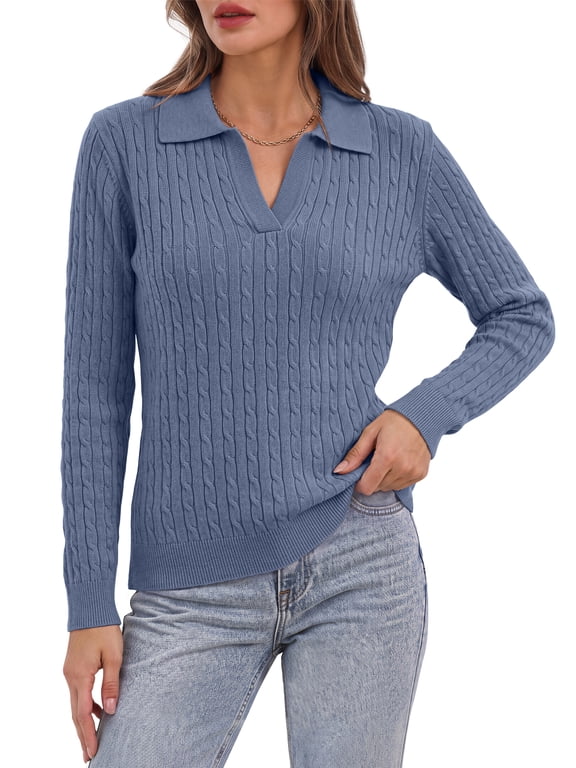 Womens Cable Knit Sweaters Long Sleeve V Neck Pullover Fall Winter Sweater Tops Casual Polo Shirts