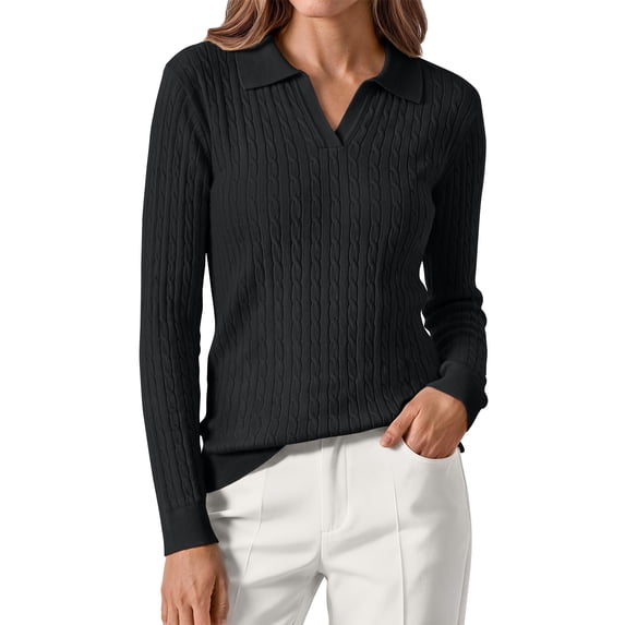 Sundazz Womens Cable Knit Sweaters Long Sleeve V Neck Pullover Fall Winter Sweater Tops Casual Polo Shirts